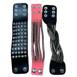 Set of 3 Leather Rhinestone Embellished Snap Bracelets